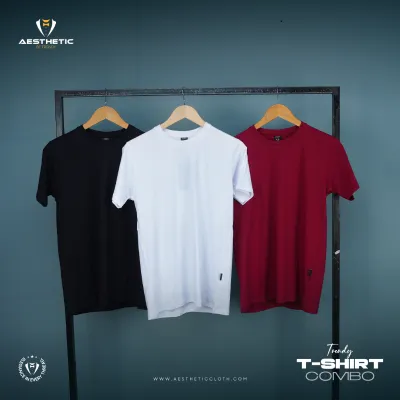 Premium Solid Cotton T-shirt (White+Black+Marron)